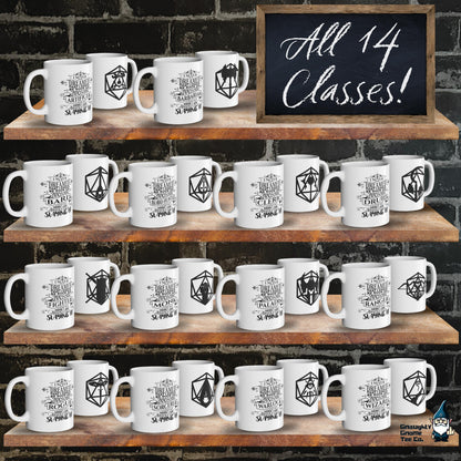 D20 Character Class Mugs for 14 DnD, RPG & MMORPG Classes - Tabletop/Online Games - 11oz/15oz White or Black - Gifts for Gamers and Parties!