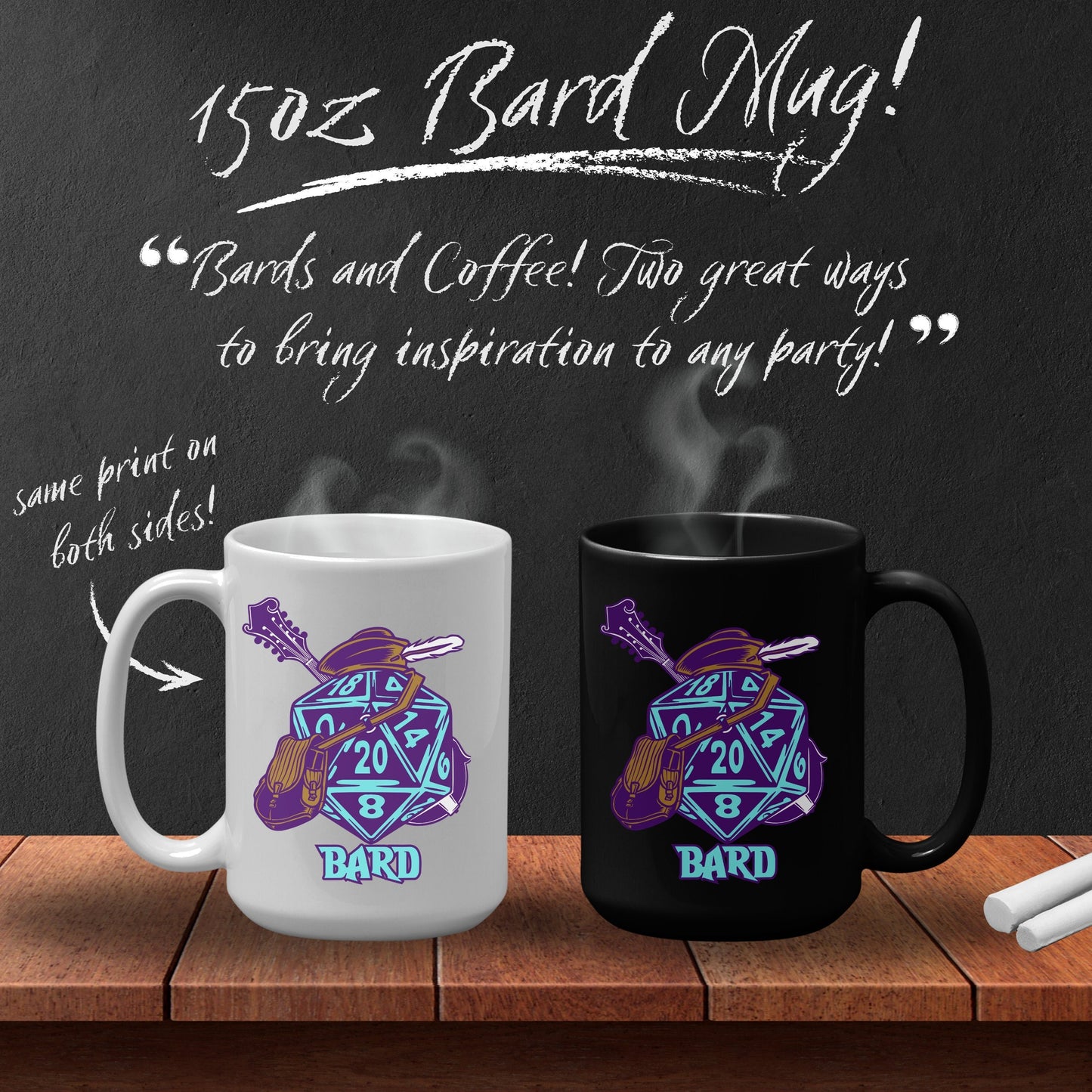 DnD BARD Mug - 15oz D20 Class Style - Choose from White or Black