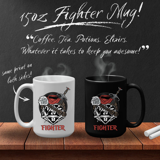 DnD FIGHTER Mug - 15oz D20 Class Style - Choose from White or Black