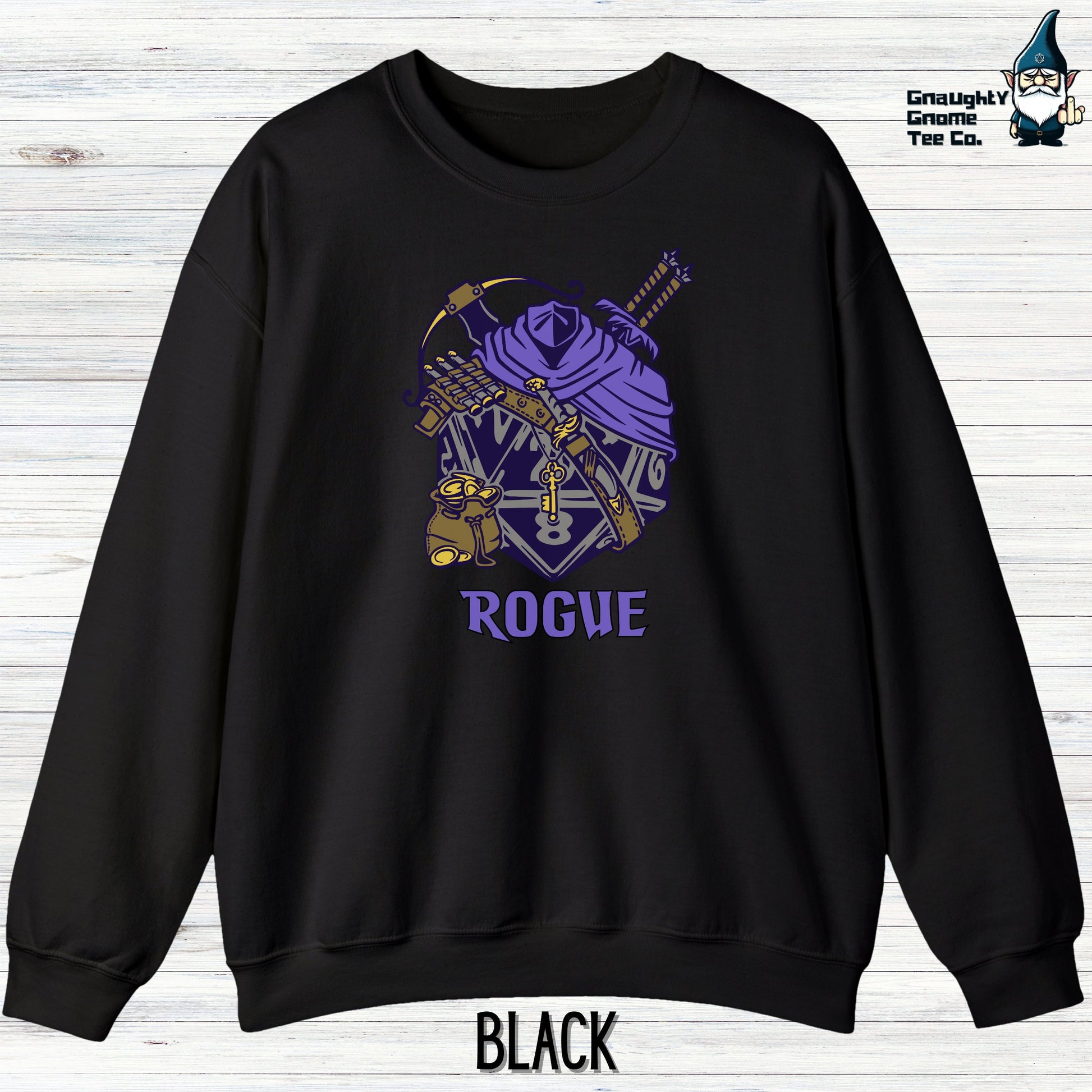 a black sweatshirt with a purple rose on it