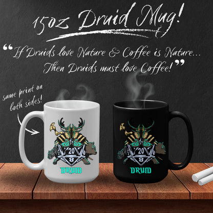DnD DRUID Mug - 15oz D20 Class Style - Choose from White or Black