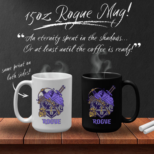 DnD ROGUE Mug - 15oz D20 Class Style - Choose from White or Black
