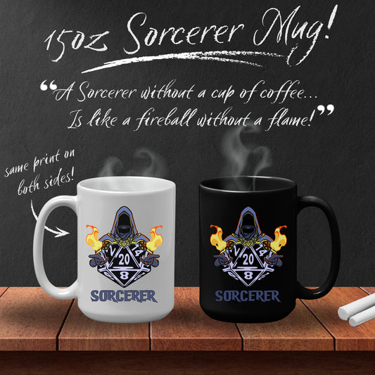 DnD SORCERER Mug - 15oz D20 Class Style - Choose from White or Black