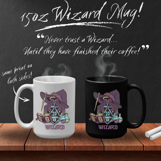 DnD WIZARD Mug - 15oz D20 Class Style - Choose from White or Black