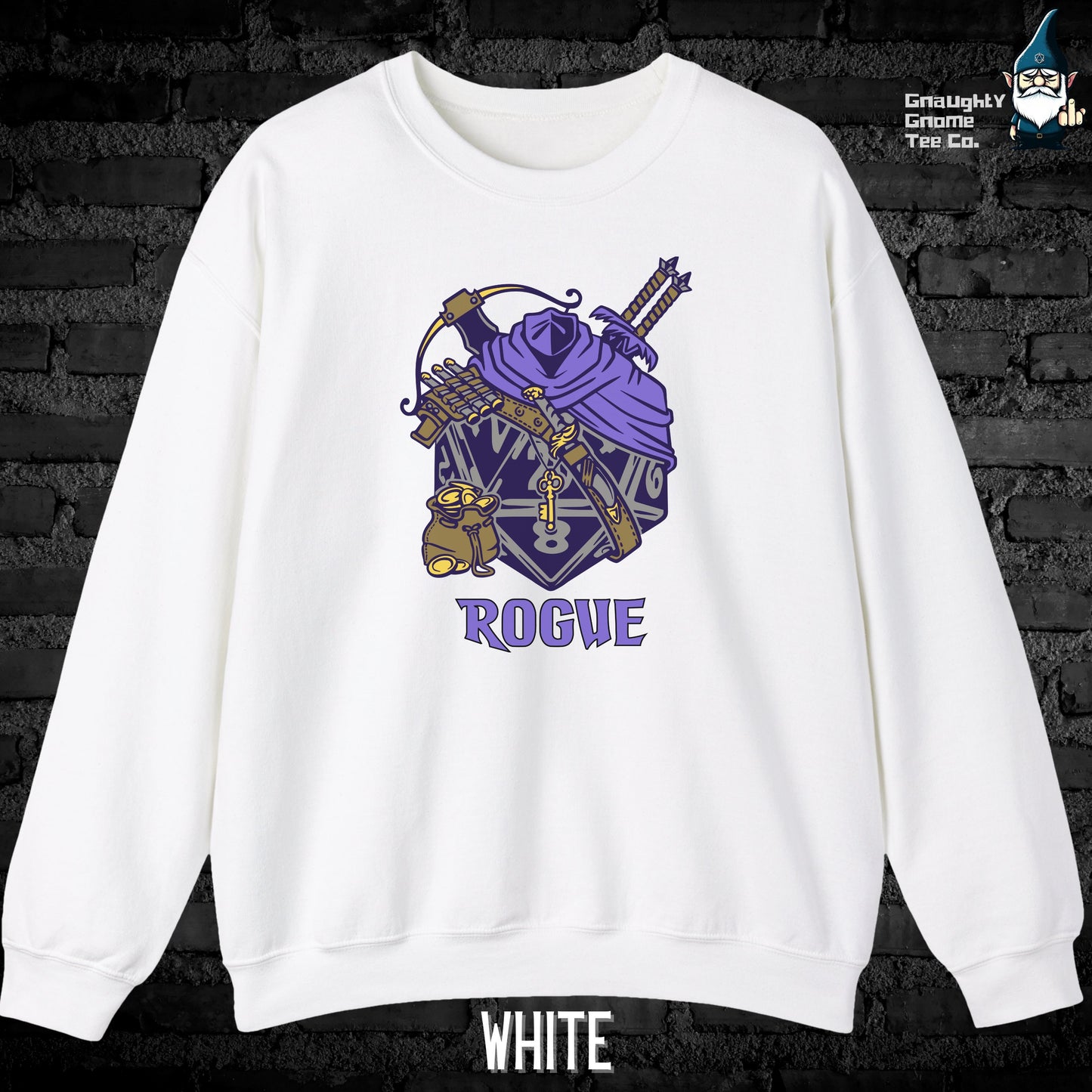 a white sweatshirt with a purple and blue graphic on it