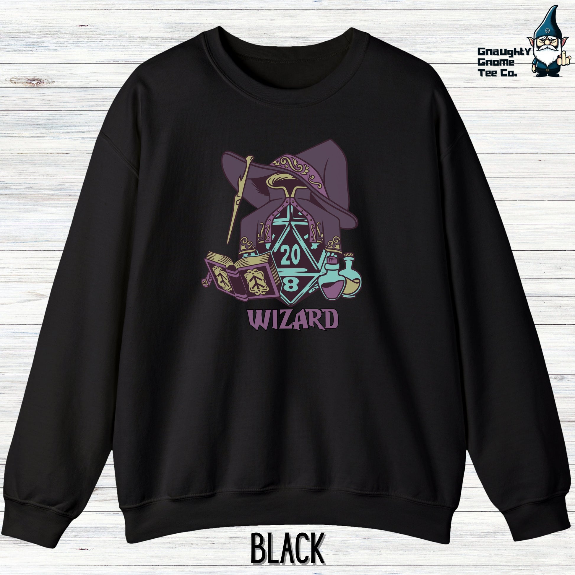 a black sweatshirt with a wizard on it